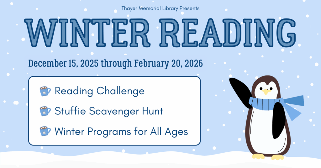 blue background with penguin in right corner. Text reads "winter reading, 12/15-2/20"